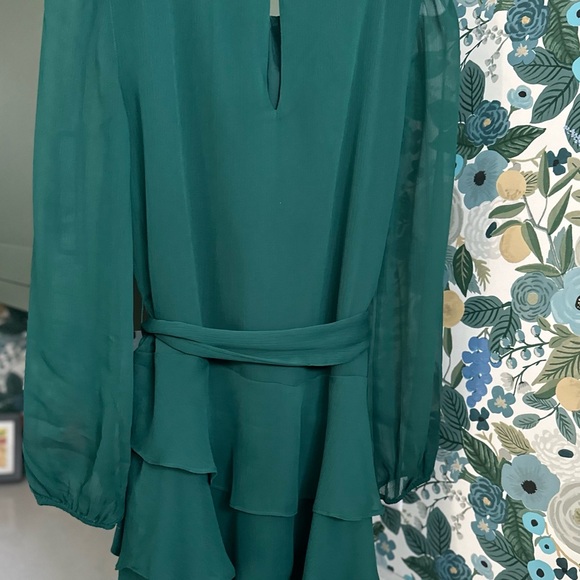 EXPRESS Long Sleeve Tie Waist Tiered Ruffle Fit And Flare Dress Small Green - Picture 11 of 14
